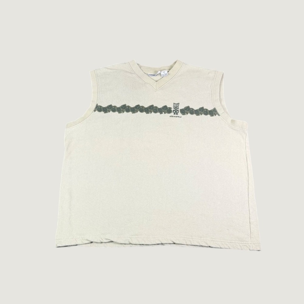 Aeropostale Mens Large Beige Sleeveless Sweatshirt V-Neck Tiki Graphic Tank Top